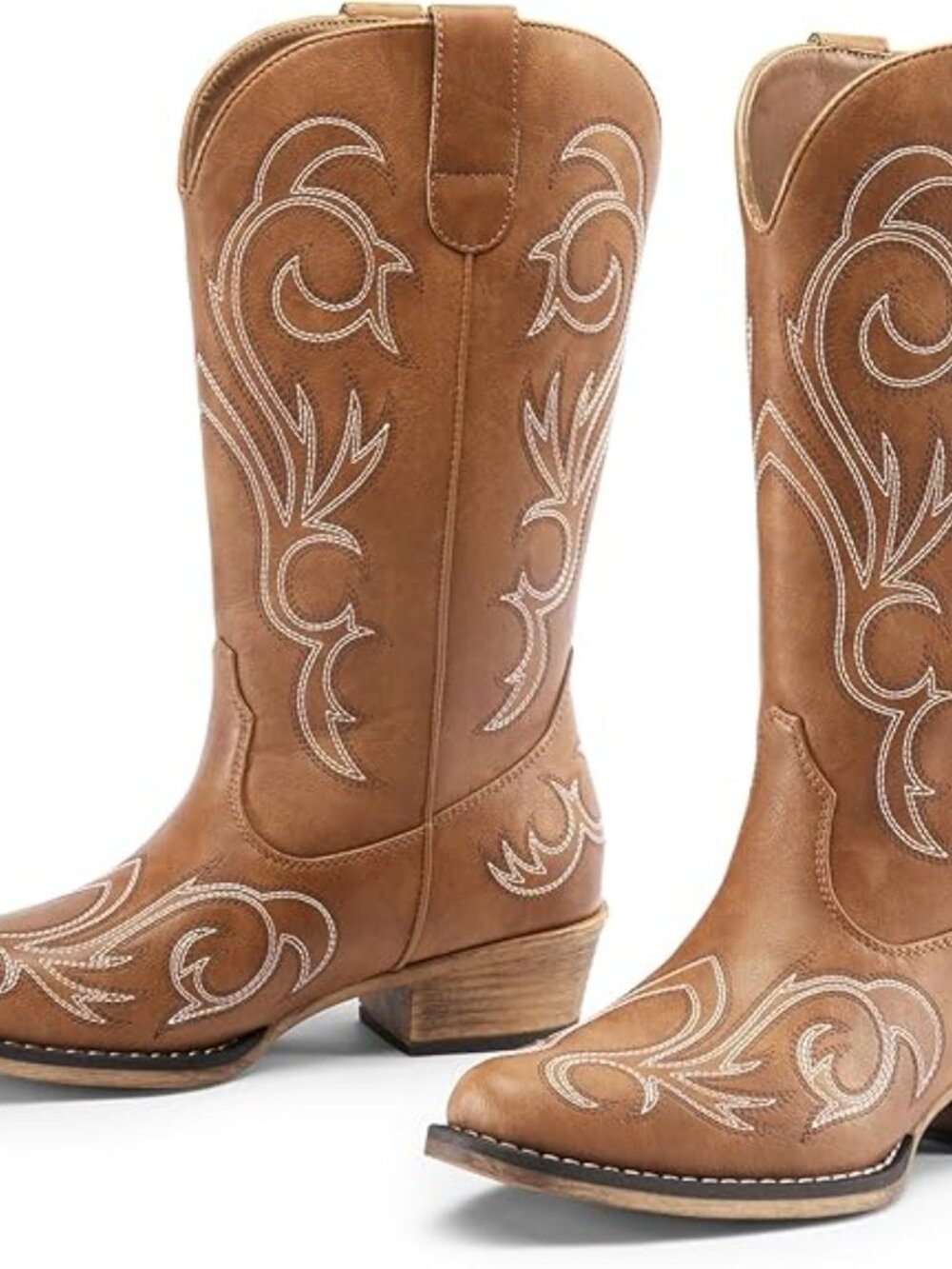 Women's Tan Faux Leather Cowgirl Boots Square Toe Chunky Heel Stitched Boots - Picture 2 of 4